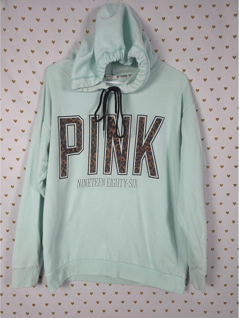 Victorias Secret Pink Leopard Cheetah Pullover Hooded sweater shirt Mint SMALL